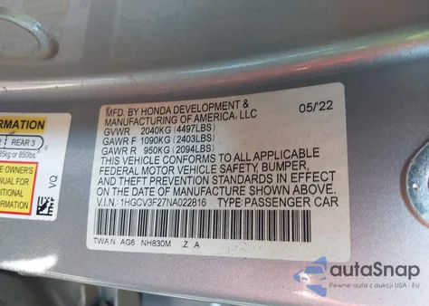 2022 Honda Accord Hybrid Sport from USA, damaged, VIN 1HGCV3F27NA022816